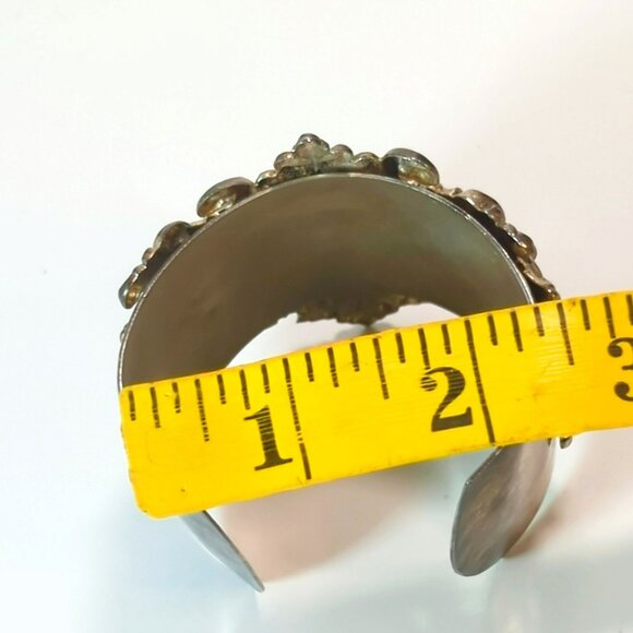 Ornate Baroque Silver Plated Cuff Bracelet Faux Pearl Cabochon AB Rhinestones - Picture 7 of 7